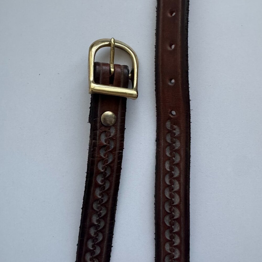 Vintage Genuine Leather Belt Solid Brass Buckle Brown Tooled 38”